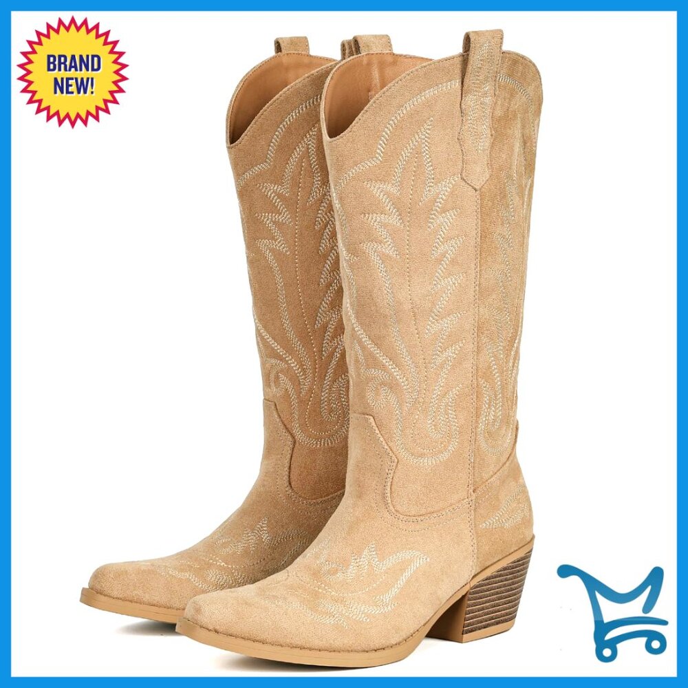 Suede Cowboy Boots Mid Calf Embroidered Snip Toe Block Heel Western